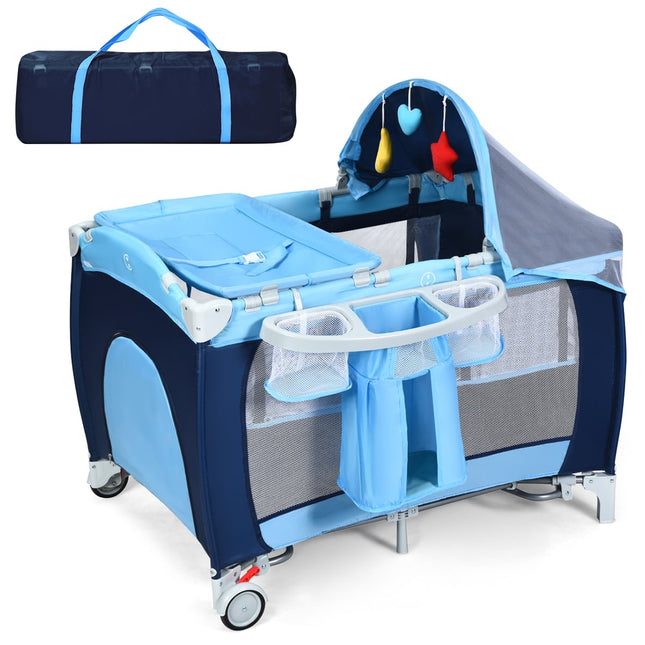 4-in-1 Foldable Baby Crib & Playpen with Canopy, Blue