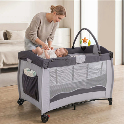 4-in-1 Foldable Baby Playard with Changing Table – Grey