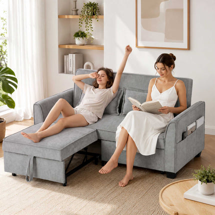 4-in-1 Grey Sofa Bed with Adjustable Backrest & Pockets