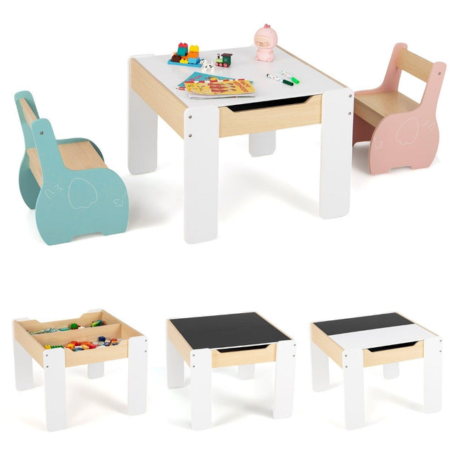 4-in-1 Kids Wooden Table Set with Storage & Blackboard