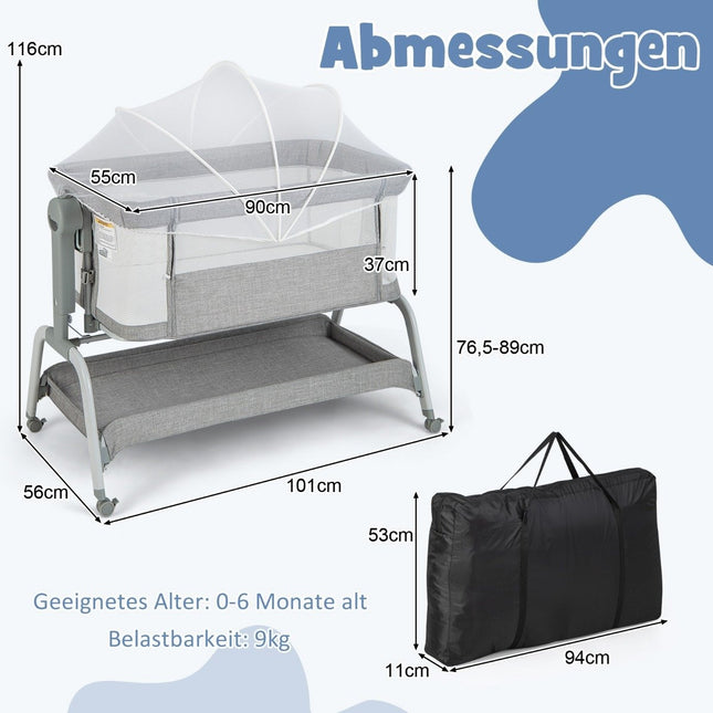 4 in 1 Mobile Baby Bed with Mosquito Net & Mattress & 6 Adjustable Heights Grey