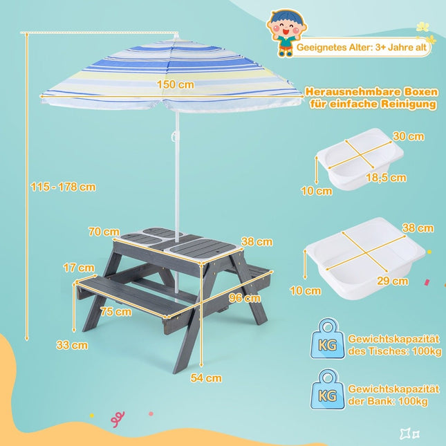 4 in 1 Picnic Table Set for Kids with 3 Removable Containers for Sand/Water Play Table