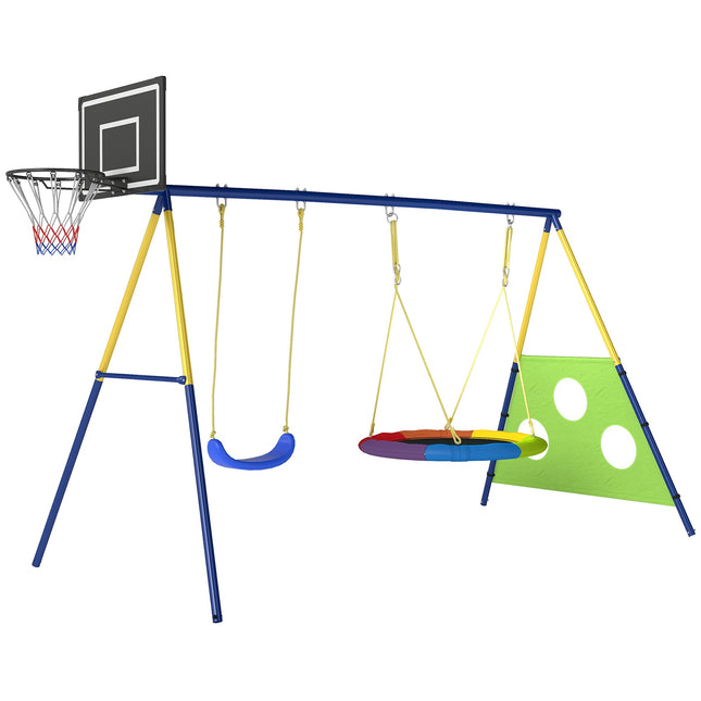 4-in-1 Swing Set with Nest Swing, Basketball & Soccer Goal