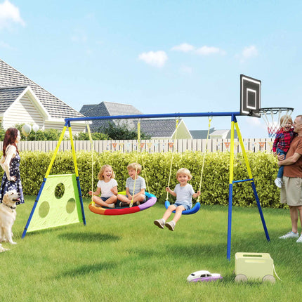 4-in-1 Swing Set with Nest Swing, Basketball & Soccer Goal