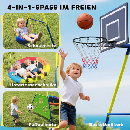4-in-1 Swing Set with Nest Swing, Basketball & Soccer Goal