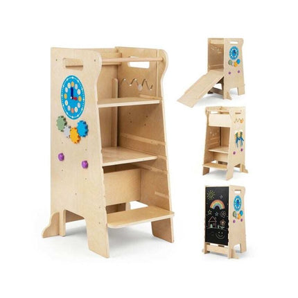 4-in-1 Toddler Tower with Slide and Chalkboard, Montessori Kitchen Step Stool