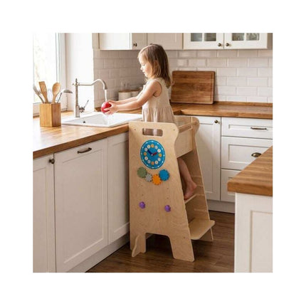 4-in-1 Toddler Tower with Slide and Chalkboard, Montessori Kitchen Step Stool