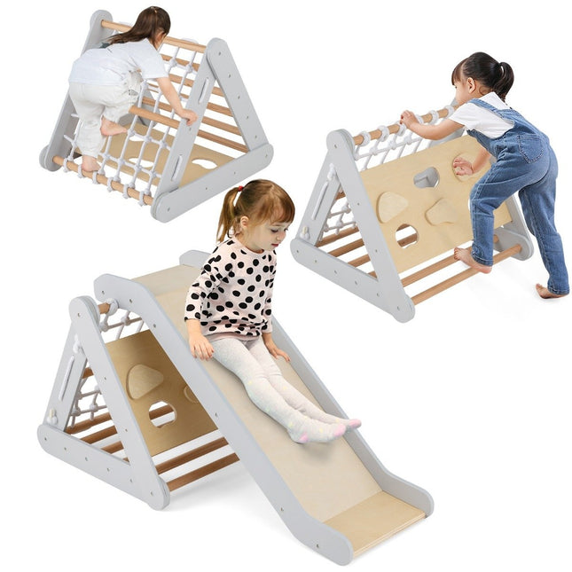 4 in 1 climbing triangle with slide climbing frame made of wood 62.5 x 64 x 57.5 cm gray