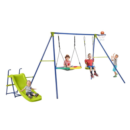 4-in-1 swing set for 3-12 year olds. Robust metal playset with slide