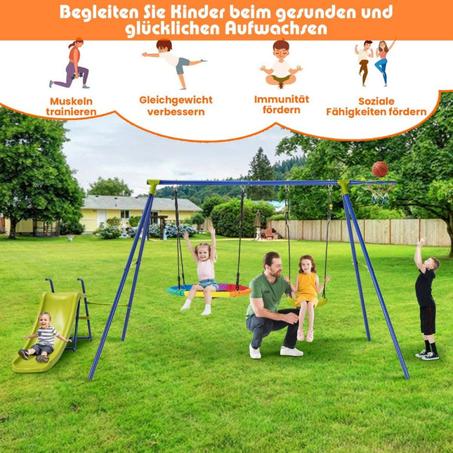 4-in-1 swing set for 3-12 year olds. Robust metal playset with slide