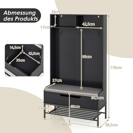 4 in 1 wardrobe with bench &amp; Shoe cabinet &amp; 3 hook coat rack clothes rack black