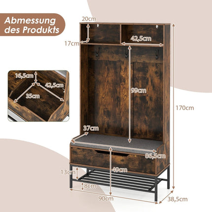 4 in 1 wardrobe with bench &amp; Shoe cabinet &amp; 3 hook coat rack clothes rack brown