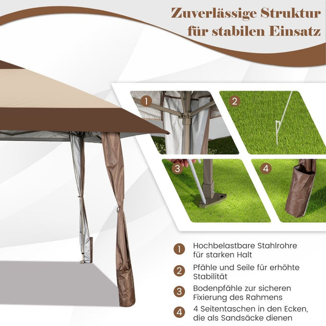 4m x 4m Patio Gazebo Canopy Tent with Wheels Beige