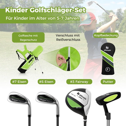 4-piece children's golf club set with golf bag and rain cover for children aged 5-7 years green