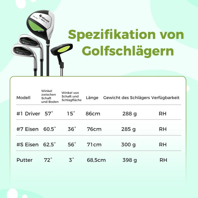 4-piece children's golf club set with golf bag and rain cover for children aged 8-10 years. Green