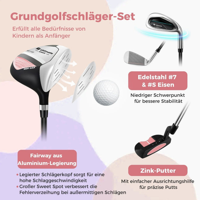 4-piece children's golf club set with golf bag and rain cover for children aged 8-10 years, pink