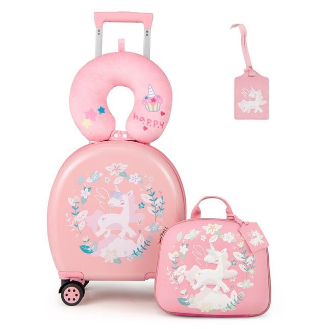 4-piece children's suitcase + backpack 10"+14" children's trolley with wheels pink