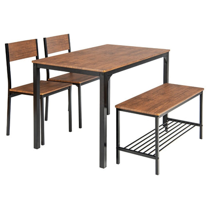 4-piece dining table and chair set with 2 chairs & 1 bench seating set brown