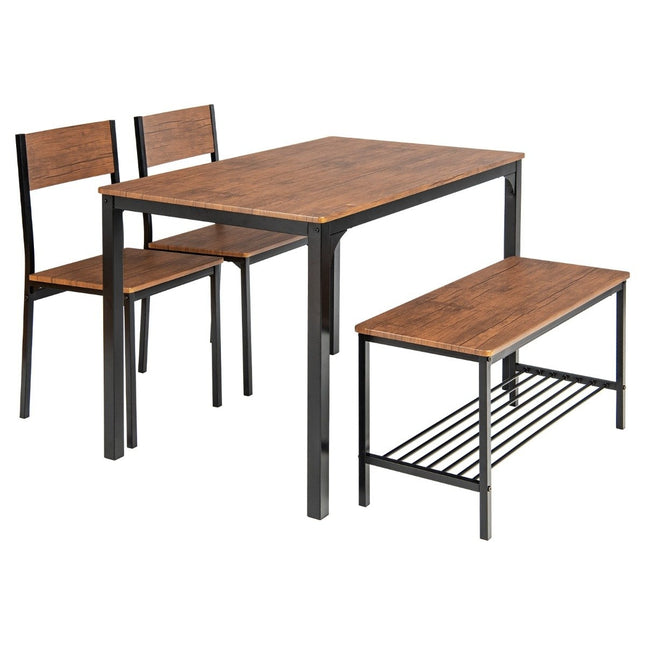 4-piece dining table and chair set with 2 chairs & 1 bench seating set brown