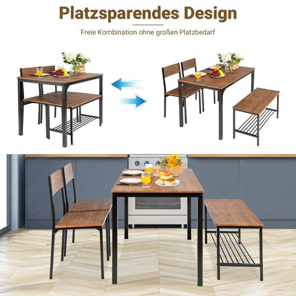 4-piece dining table and chair set with 2 chairs & 1 bench seating set brown