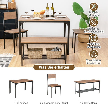4-piece dining table and chair set with 2 chairs & 1 bench seating set brown