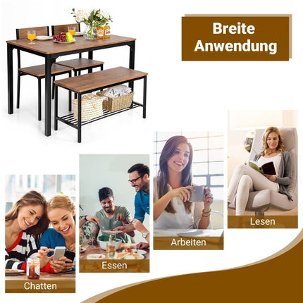 4-piece dining table and chair set with 2 chairs & 1 bench seating set brown