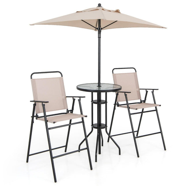 4-piece outdoor bar set round bar table with 2 folding bar stools & parasol beige