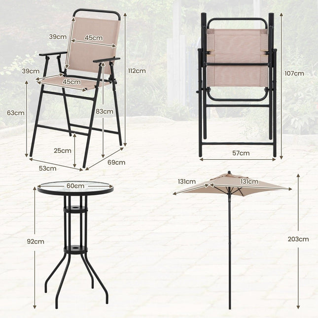 4-piece outdoor bar set round bar table with 2 folding bar stools & parasol beige