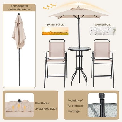 4-piece outdoor bar set round bar table with 2 folding bar stools & parasol beige