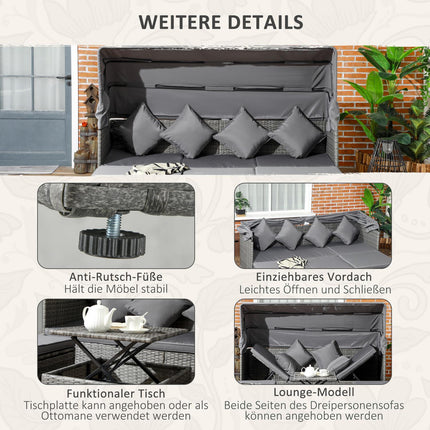Rattan garden seat with canopy and adjustable table