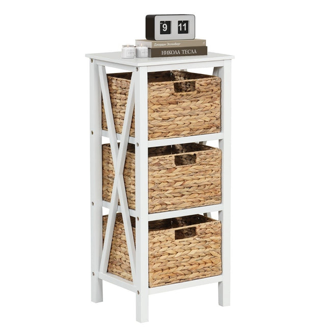 4-tier bedside table with 3 seagrass baskets & X-Design narrow side table 36 x 30 x 80 cm white