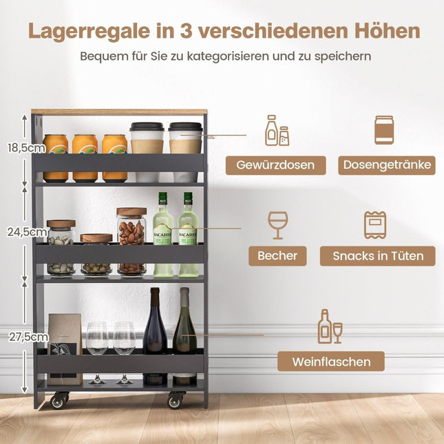 4 tier niche shelf on wooden wheels with handle kitchen trolley 47.5 x 20 x 80.5 cm gray + natural