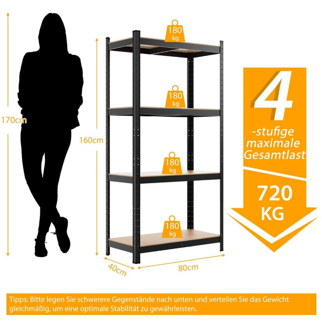 4 tier storage rack with metal frame, heavy-duty rack, can hold up to 720 kg, metal rack, black