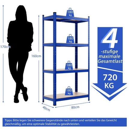 4-laags opbergrek met metalen frame, zwaar rek, kan tot 720 kg dragen, metalen rek, blauw