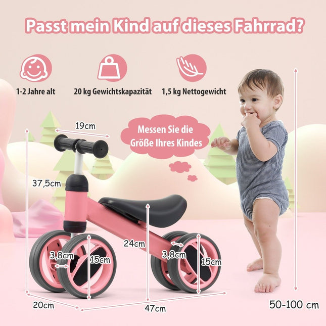 4 wheels children's balance bike without pedal for children from 1-2 years pink