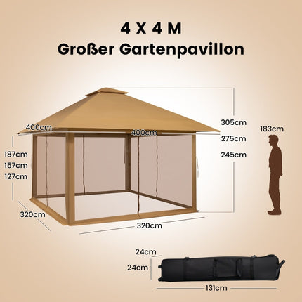 4x4m Outdoor Pavilion with Mesh Walls, UV Protection
