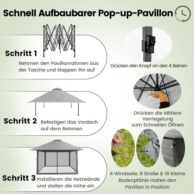 4 x 4 m gazebo garden pavilion with mesh side walls UV protection 50+ grey