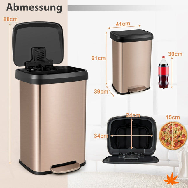 50L Kitchen Trash Can with Soft Closing Lid & Deodorization Compartment Waste Bin Rose Gold