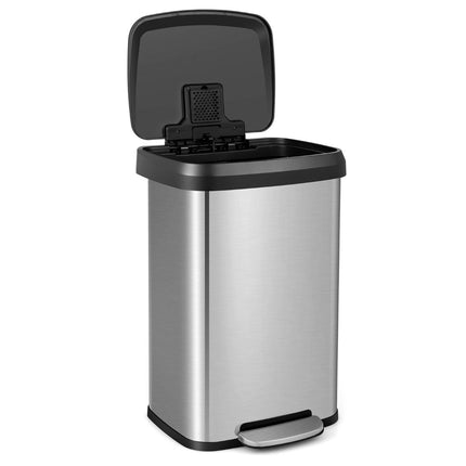 50L Kitchen Trash Can with Soft Closing Lid & Deodorization Compartment Waste Bin Silver