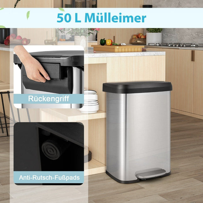 50L Kitchen Trash Can with Soft Closing Lid & Deodorization Compartment Waste Bin Silver