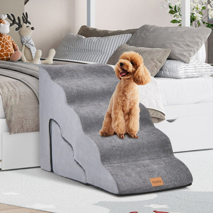 5 & 3 Step Dog Stairs with Chenille Fabric Surface & Pet Hair Brush Non-Slip Gray