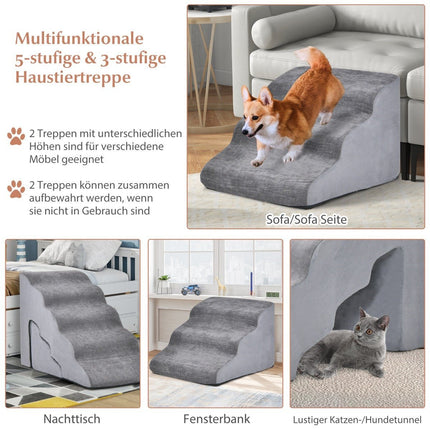 5 & 3 Step Dog Stairs with Chenille Fabric Surface & Pet Hair Brush Non-Slip Gray