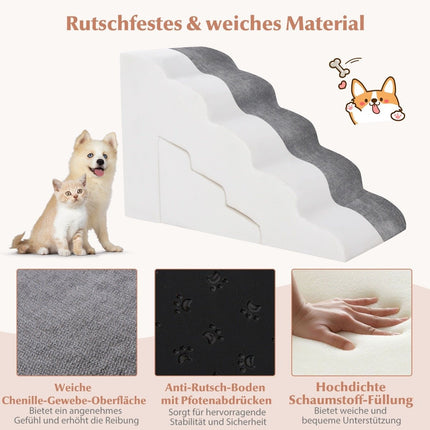 5 & 3 Step Dog Stairs with Chenille Fabric Surface & Pet Hair Brush Non-Slip Gray