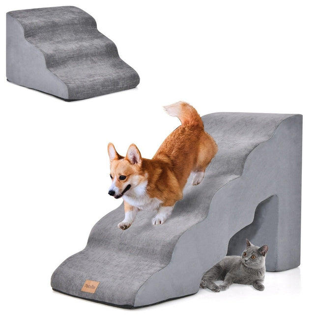 5 & 3 Step Dog Stairs with Chenille Fabric Surface & Pet Hair Brush Non-Slip Gray
