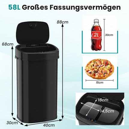 58L Sensor Trash Can, Dual-Zone, Black Metal