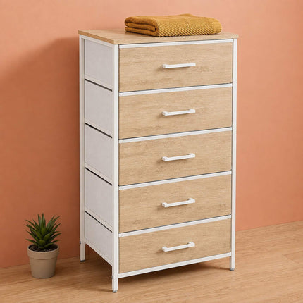 5-Drawer Fabric Chest, Wood Look, 94x45x30 cm