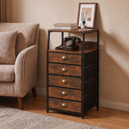 5-Drawer Fabric Chest with Shelves – Brown, Black