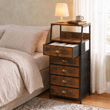 5-Drawer Fabric Chest with Shelves – Brown, Black
