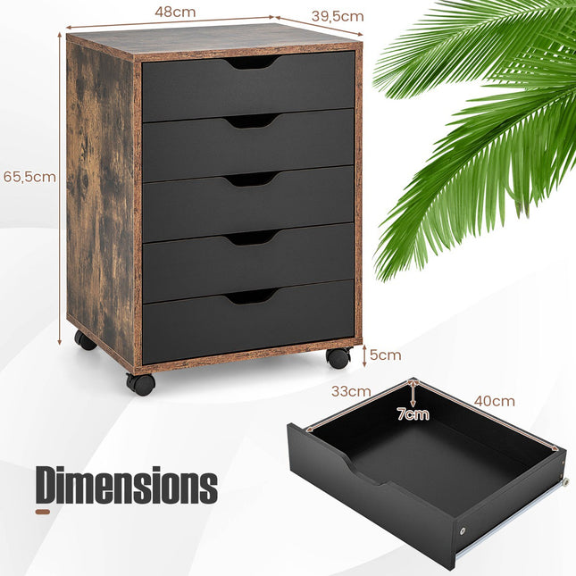 5-Drawer Mobile Filing Cabinet With Wheels, Engineered Wood
