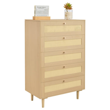 5-Drawer Rattan Dresser – Metal Handles, Wood Legs